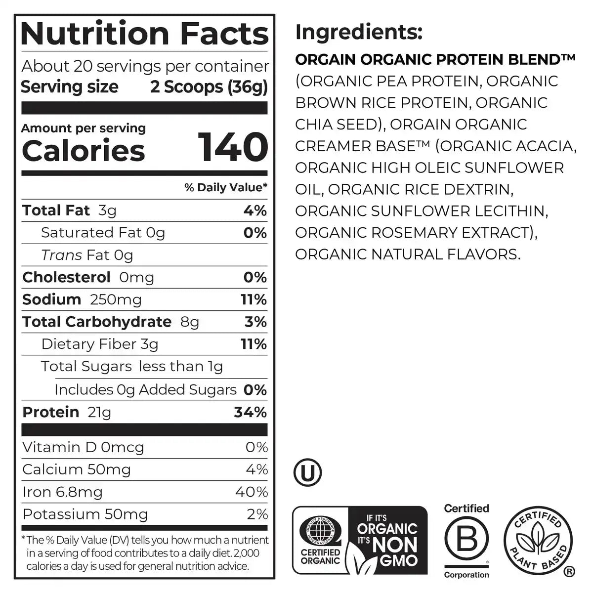 Organic Protein™ Plant Based Protein Powder - Natural Unsweetened
