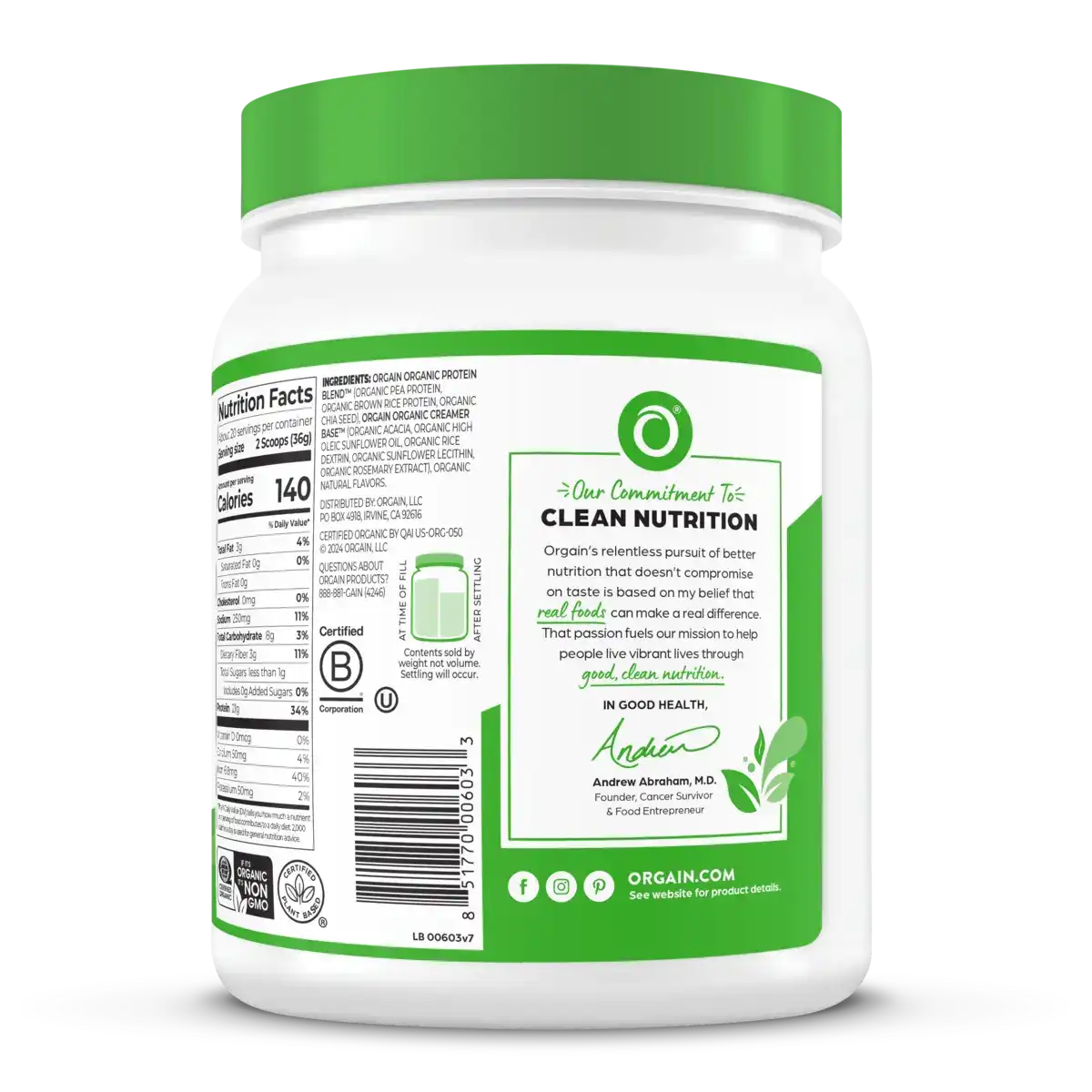 Organic Protein™ Plant Based Protein Powder - Natural Unsweetened