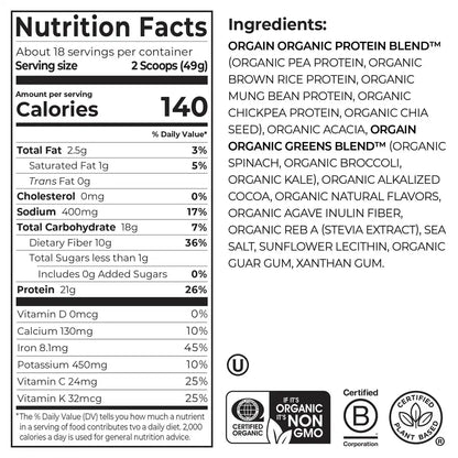 Organic Protein™ & Greens Plant Based Protein Powder - Creamy Chocolate Fudge
