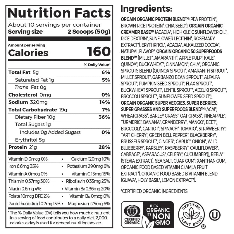 Organic Protein™ & Superfoods Plant Based Protein Powder - Creamy Chocolate Fudge